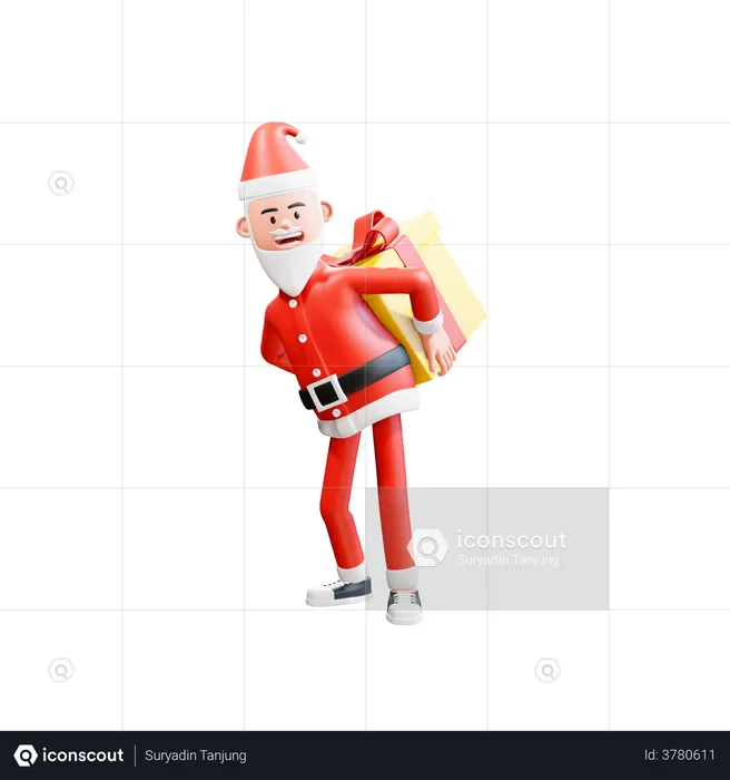 Santa Clause carries a big Christmas Gift on his back  3D Illustration