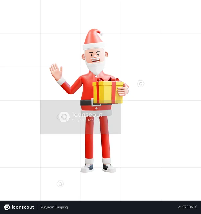 Santa clause holding christmas gifts and waving to say hi  3D Illustration