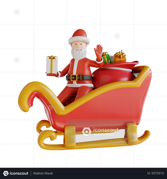 Santa Clause Waving By Riding The Sledge  3D Illustration