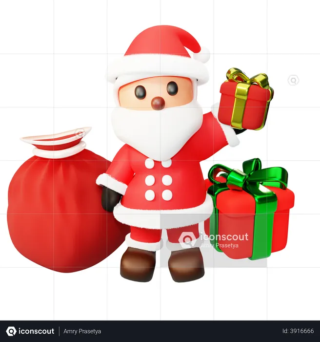 Santa distributes gifts from present bag  3D Illustration