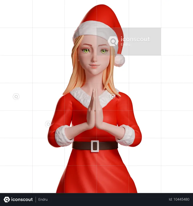 Santa Girl Showing Namaste Hand Gestur  3D Illustration