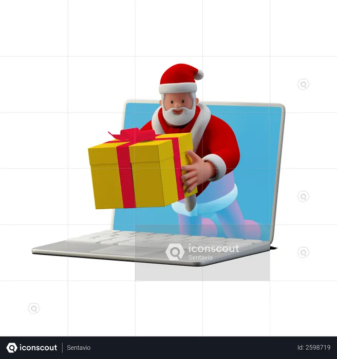 Santa Giving online gift from laptop  3D Illustration