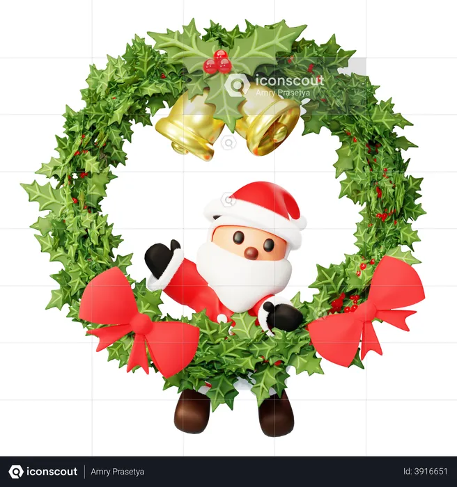 Santa hanging on Christmas wreath  3D Illustration