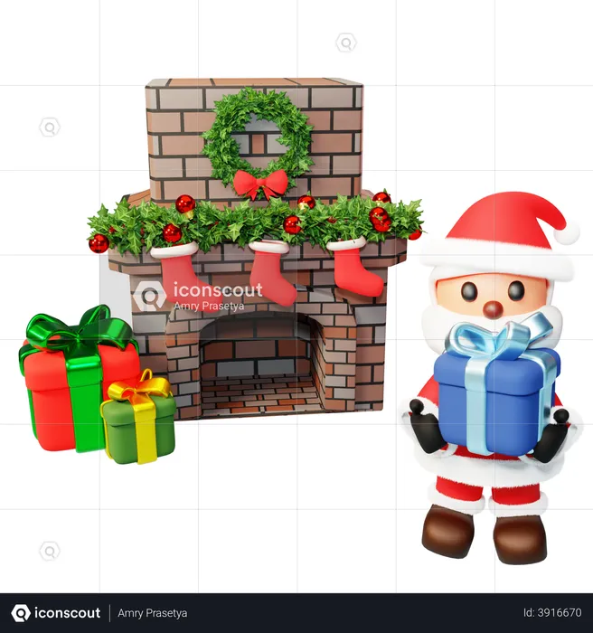 Santa in front of fireplace  3D Illustration