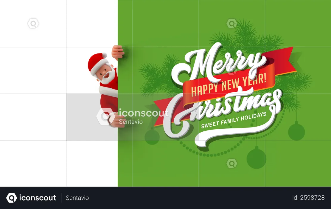 Santa looking behind merry Christmas and happy new year banner  3D Illustration