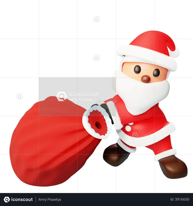 Santa pulling a gift bag  3D Illustration