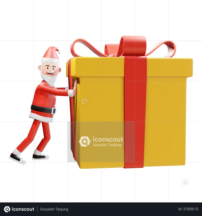Santa pushes a big gift for christmas present  3D Illustration