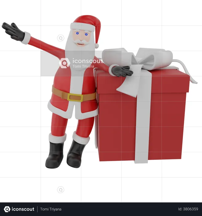 Santa pushes a big gift for christmas present  3D Illustration