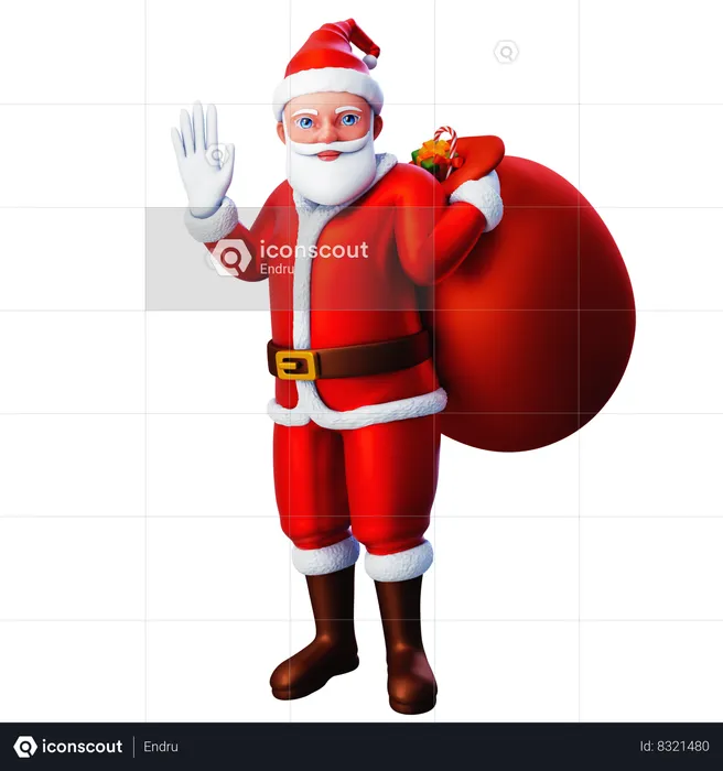 Santa Waving Hand And Holding Gift Bag  3D Illustration