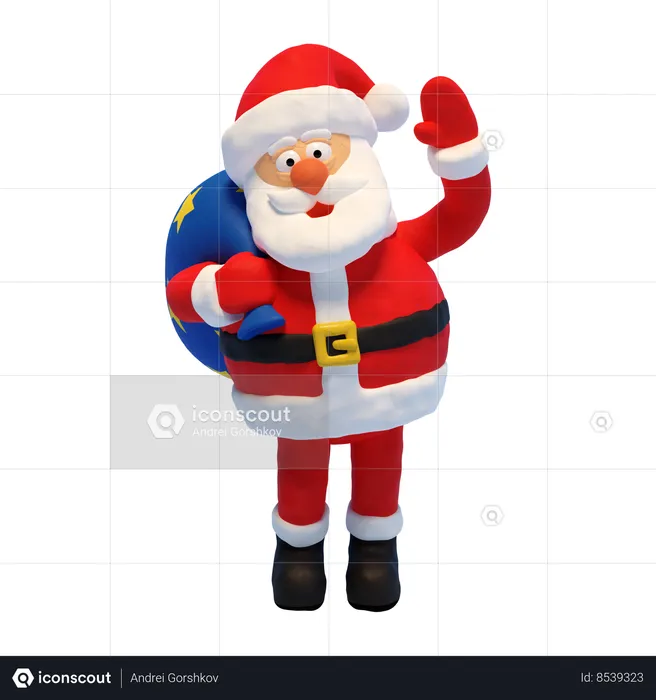 Santa With Gift Bag And Waving His Hand  3D Illustration