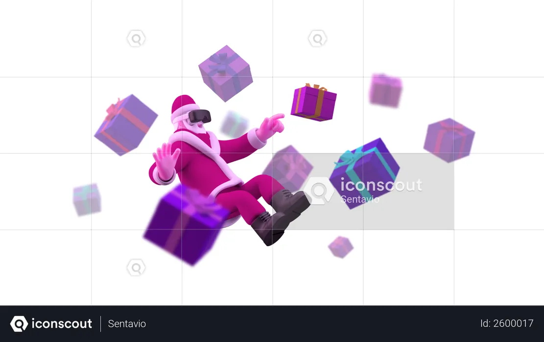 Santa with VR glasses floating on air with gift boxes  3D Illustration