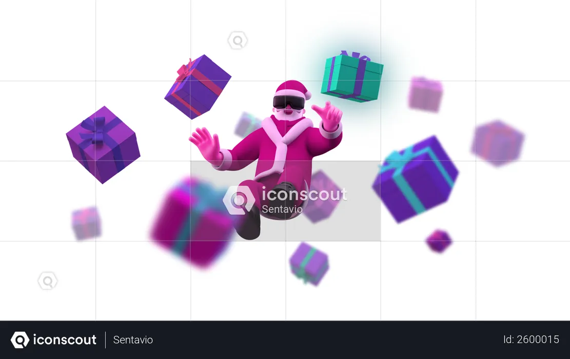 Santa with VR glasses floating on air with present boxes  3D Illustration