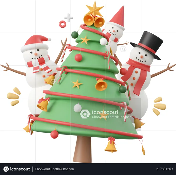 Arbre de Noël avec bonhomme de neige  3D Icon