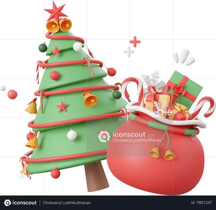 Arbre de Noël avec sac cadeaux  3D Icon