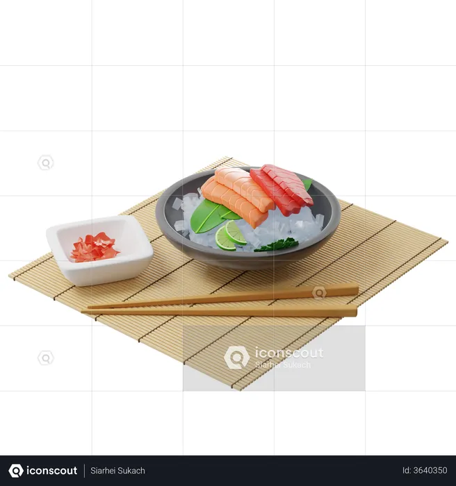 Sashimi with tuna and salmon on bamboo leaf in plate full of ice on a bamboo mat  3D Illustration