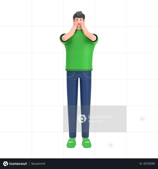 Boy giving scared expression with his hand  3D Illustration