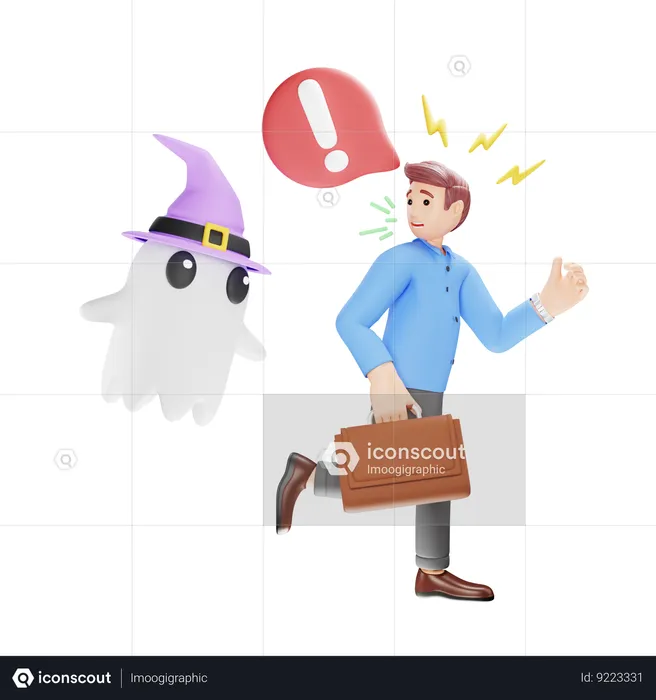 Scared Man Running Away from Ghost  3D Illustration