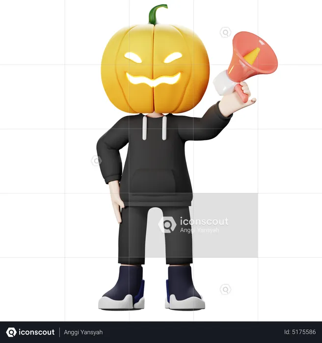 Scary Pumpkin holding megaphone  3D Illustration