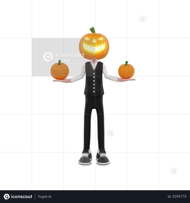 Scary Pumpkin man with pumpkins in both hands  3D Illustration