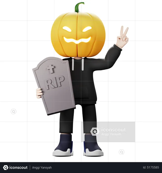 Scary Pumpkin with grave stone showing peace sign  3D Illustration