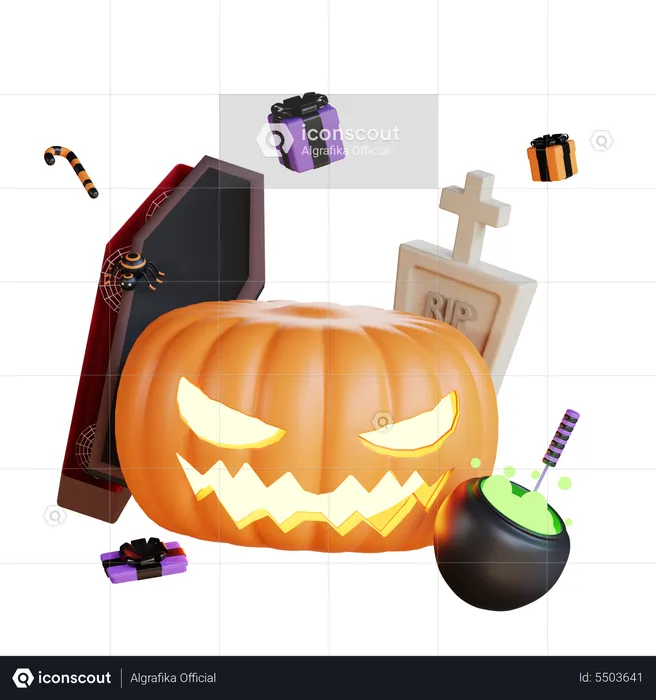Scary Pumpkin with graveyard  3D Illustration