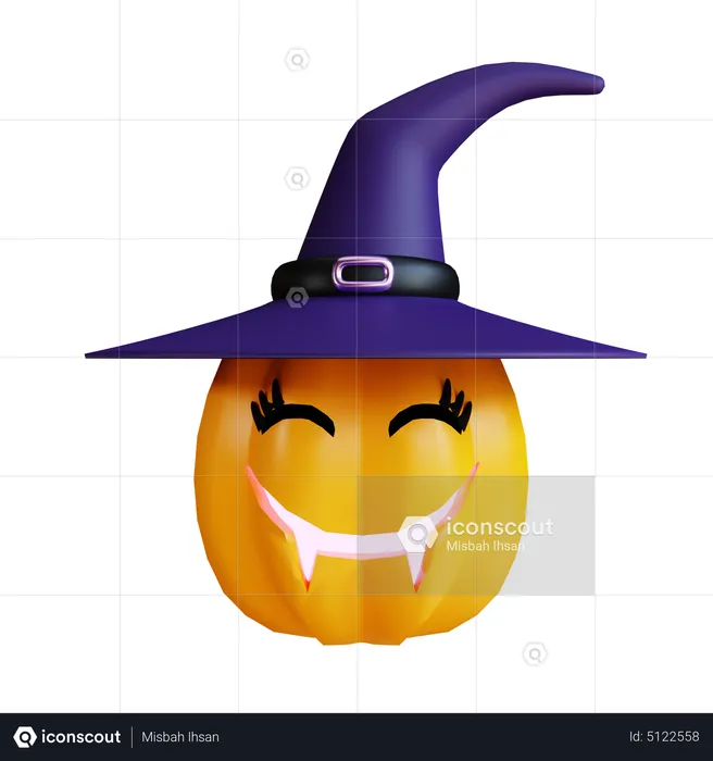 Scary Pumpkin With Witch Hat  3D Icon