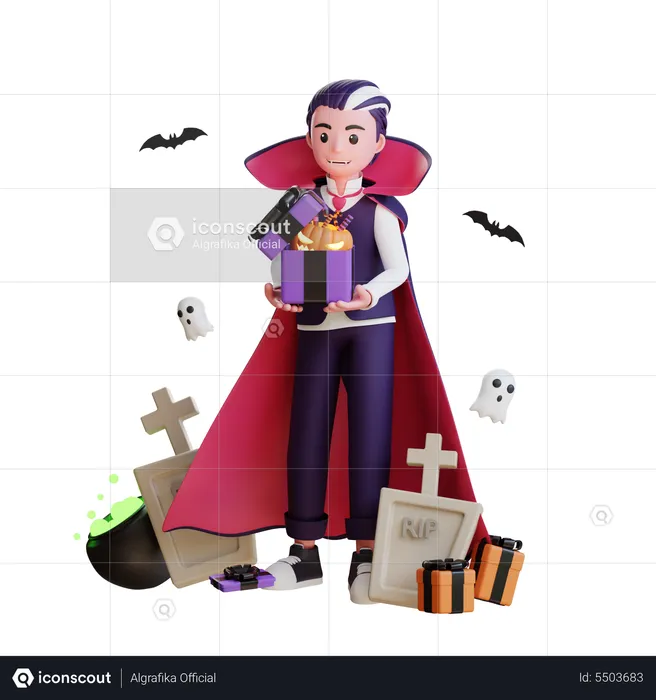 Scary vampire holding Halloween candies  3D Illustration