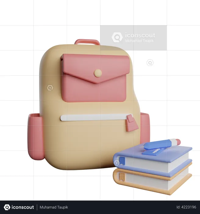 School Bag And Books  3D Illustration