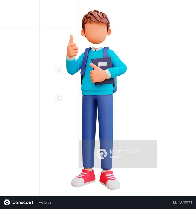 School boy showing thumbs up and holding book  3D Illustration