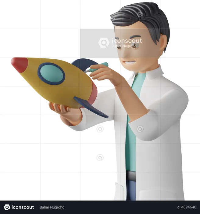 Scientist repairing rocket  3D Illustration