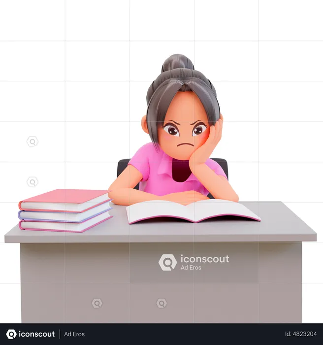 Serious young student girl reading a book for preparing the exam  3D Illustration