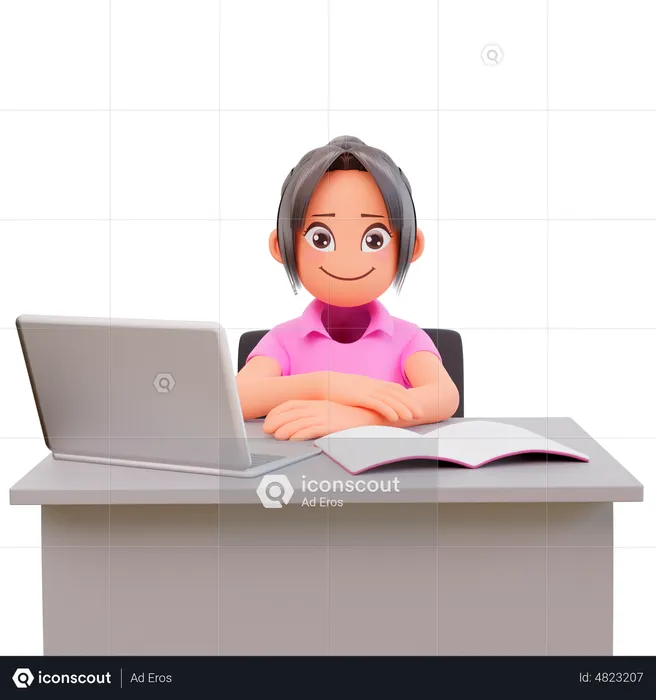 Serious young student girl studying in laptop  3D Illustration