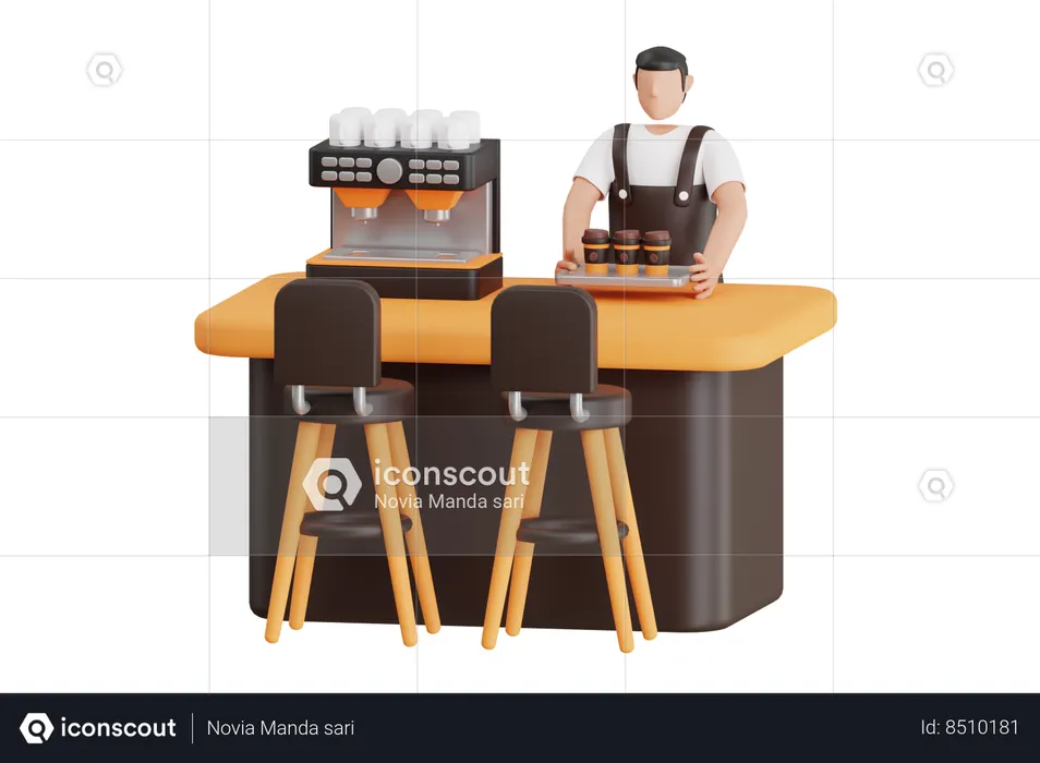 Serveur masculin portant un plateau de café  3D Illustration