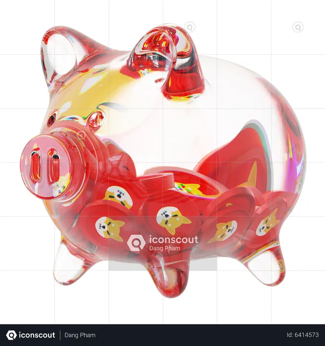 Hucha de vidrio transparente Shib con montones decrecientes de monedas criptográficas  3D Icon