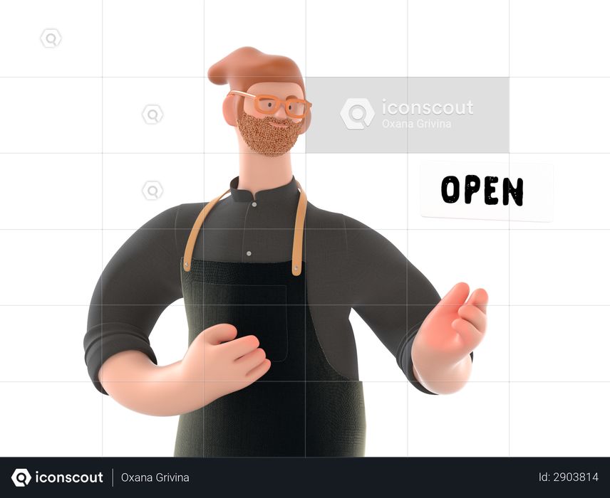 Shop owner showing open sign 3D Illustration