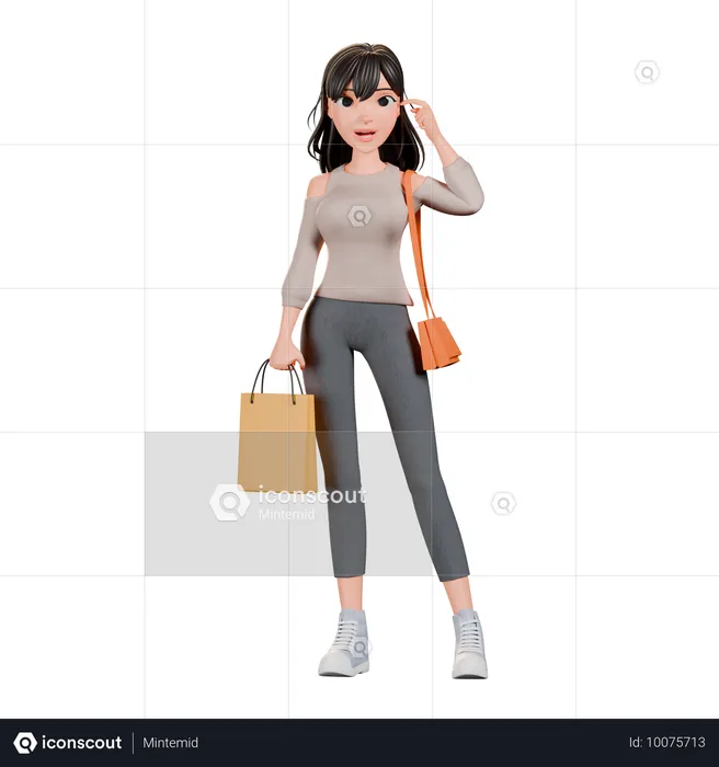 Shopaholic Mädchen geben stehende Pose mit Einkaufstasche  3D Illustration