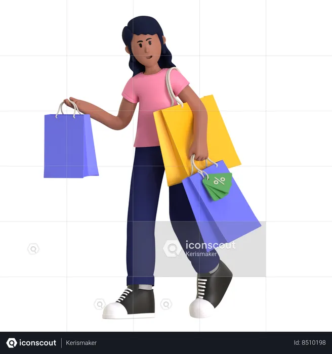 Mulher viciada em compras segurando sacolas de compras  3D Illustration