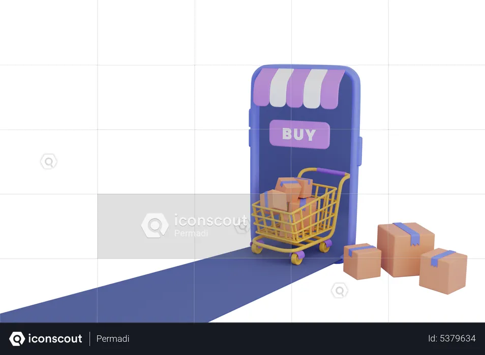 Shopping cart with box and mobile  3D Illustration