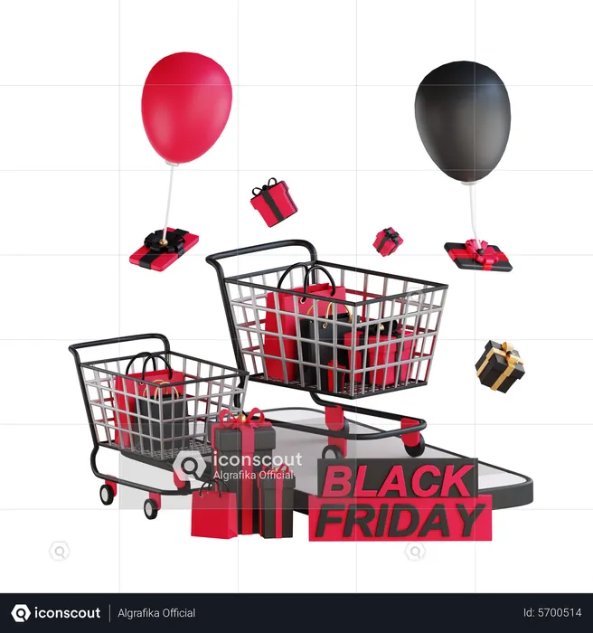 Shopping cart with black friday balloons  3D Illustration
