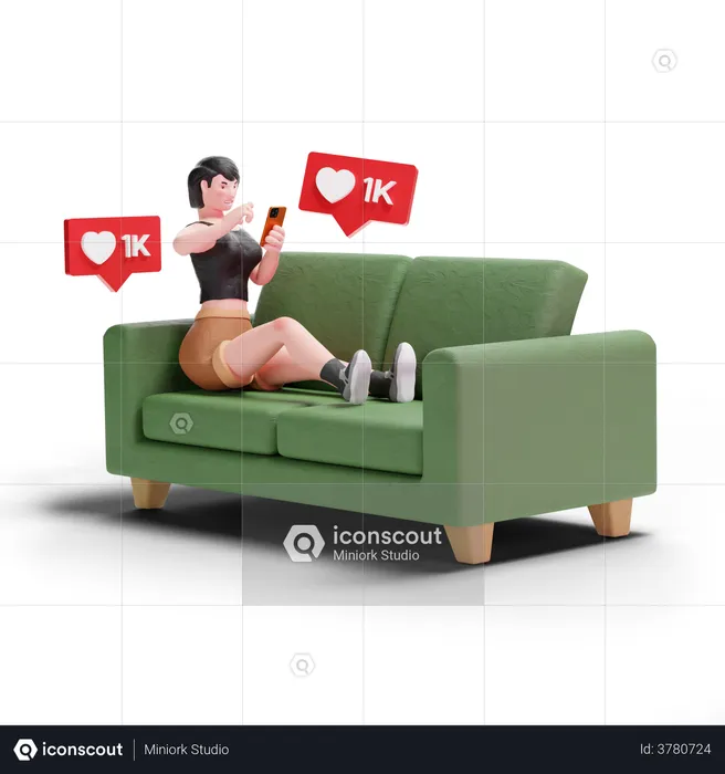 Short haired girl getting likes from social media while sitting on sofa  3D Illustration