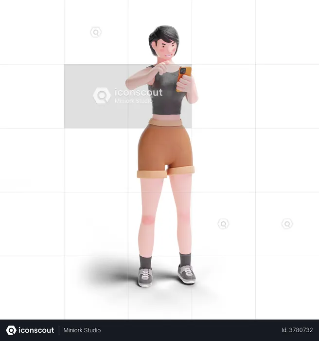 Short haired girl pointing to smartphone  3D Illustration