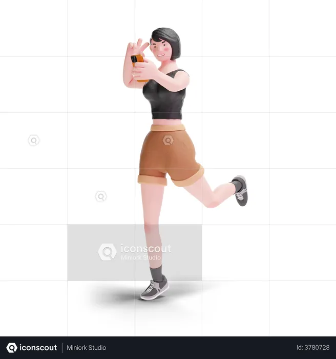 Short haired girl using selfie with peace hand gesture  3D Illustration