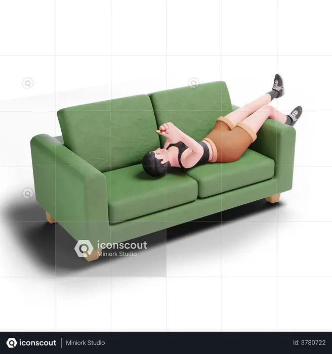 Short haired girl using smartphone while laying on sofa  3D Illustration
