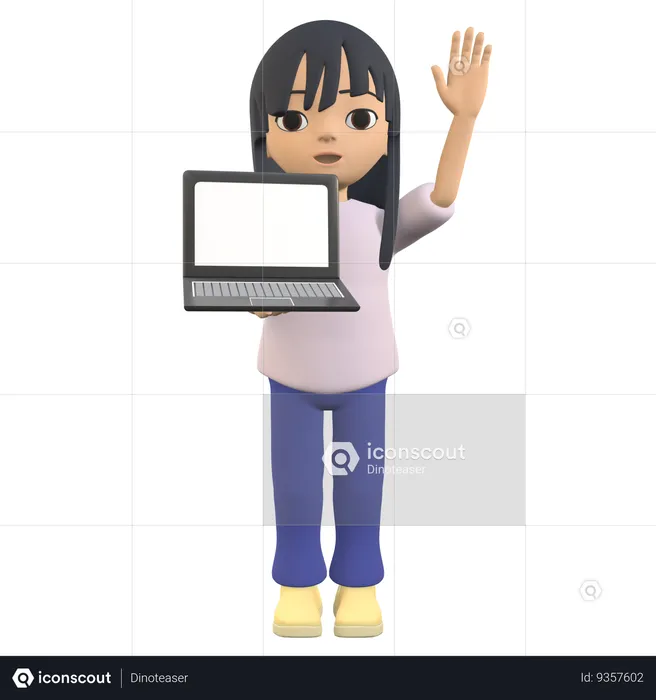 Showing A Laptop Screen While Waving Her Hand  3D Illustration