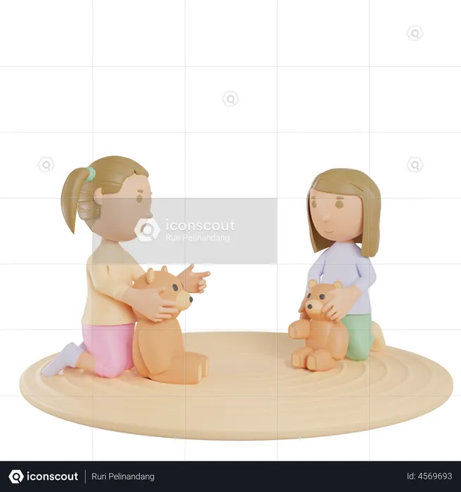 Sibling Playing With Teddy  3D Illustration