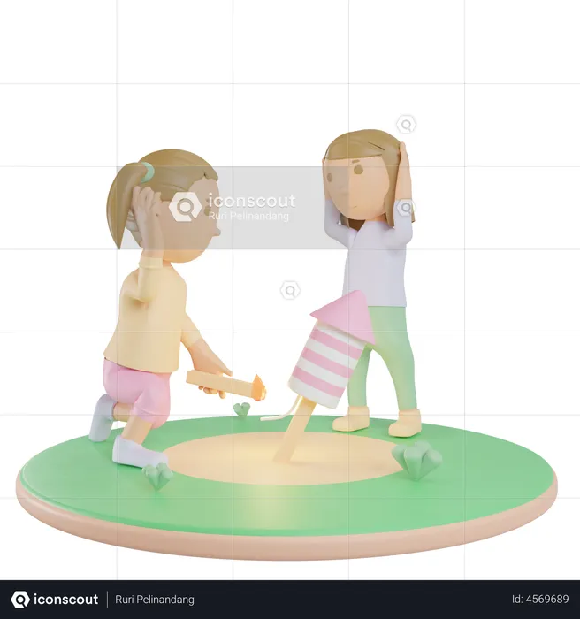 Siblings Playing Firework  3D Illustration
