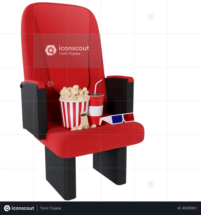 Silla De Cine Con Palomitas Y Gafas 3 D  3D Illustration