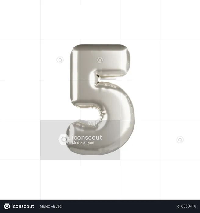 Silver Metallic Balloon Number 5  3D Icon