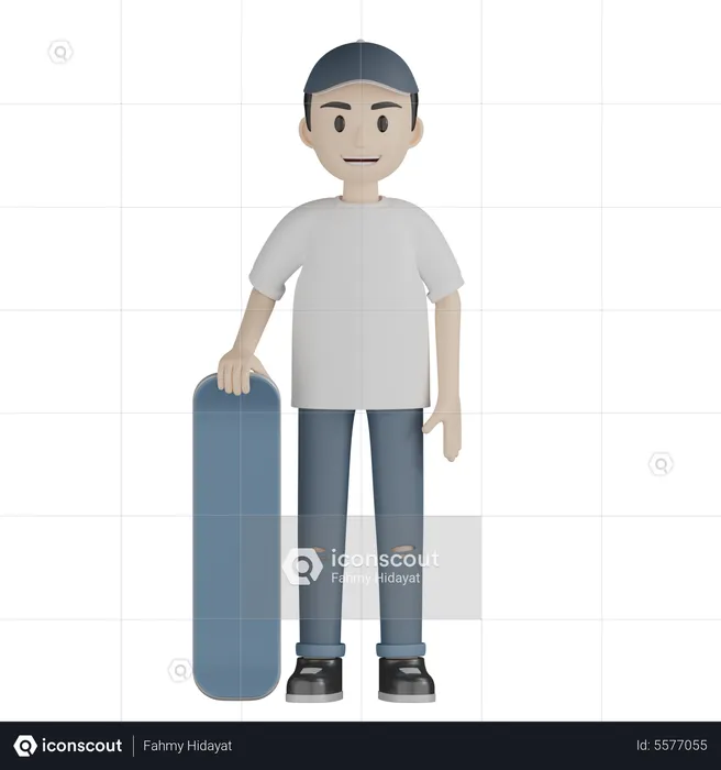 Skater Boy Holding Skateboard 3D Illustration Download In PNG.