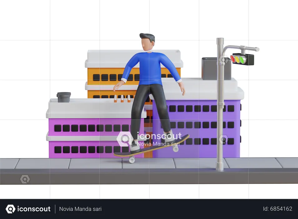 Skater Riding On Skateboard In Urban Area  3D Illustration